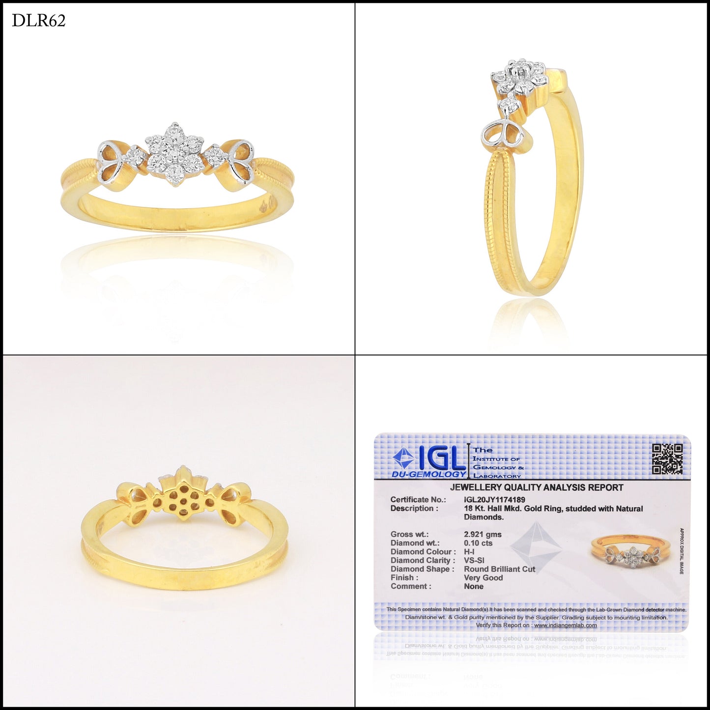 0.10 Ct. IGI Certified Delicate Diamond Flower Ring 18K Yellow Gold Fine Jewellery - view 9