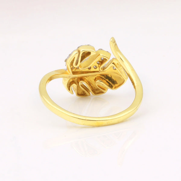 0.22 Ct. IGI Certified 18K Yellow Gold Blue Enamel Diamond Monstera Leaf Ring - view 6