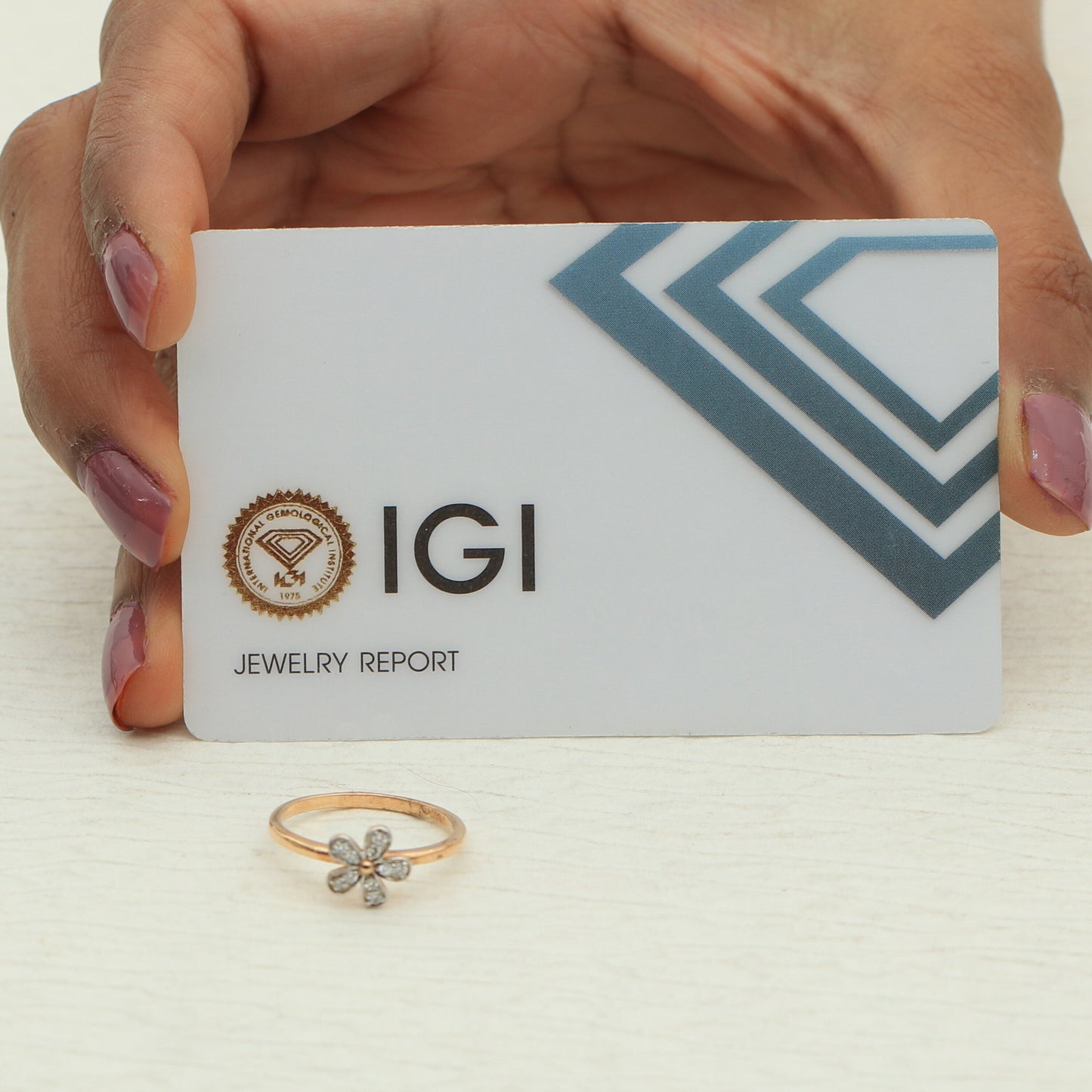 0.09 Ct. IGI Certified Natural Diamond 18k Solid Rose Gold Flower Ring - view 11