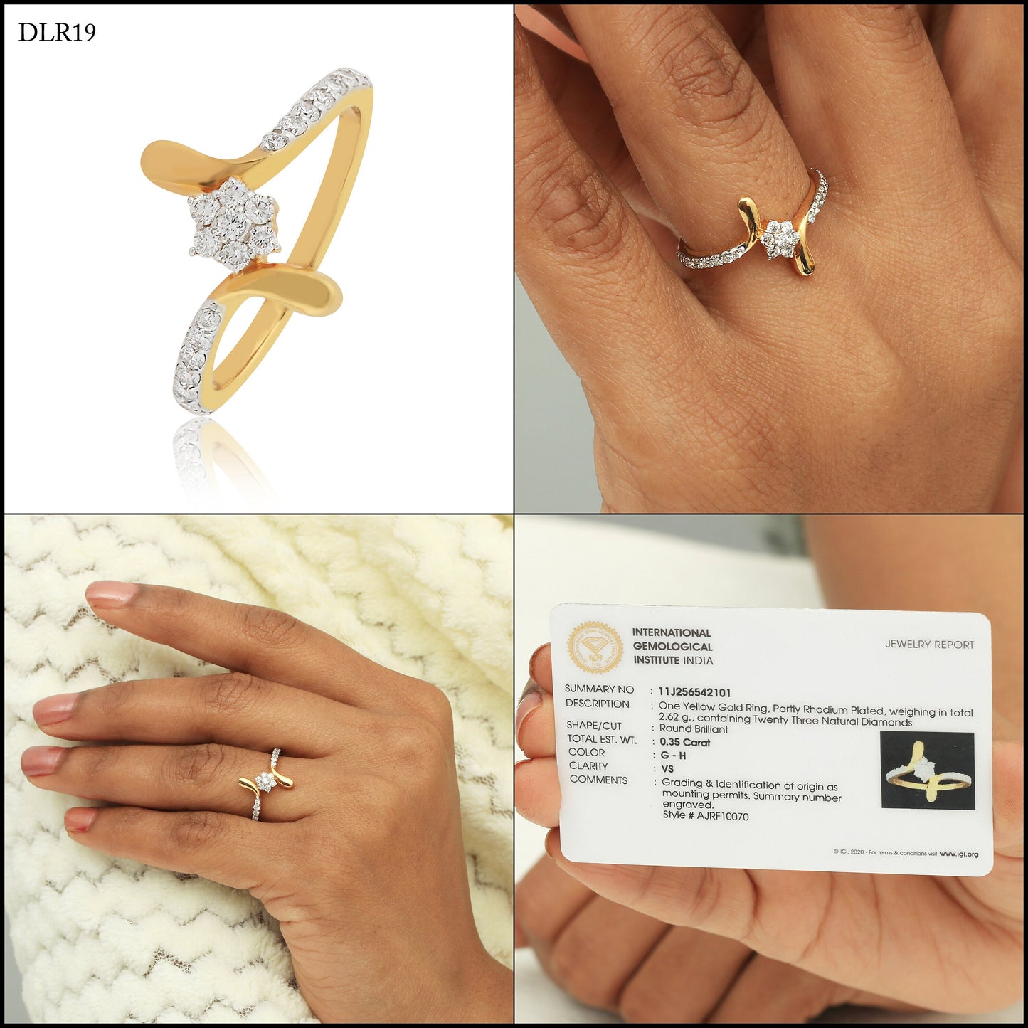 0.35 Ct. IGI Certified Natural Diamond 18k Yellow Gold Flower Ring For Wedding - view 8