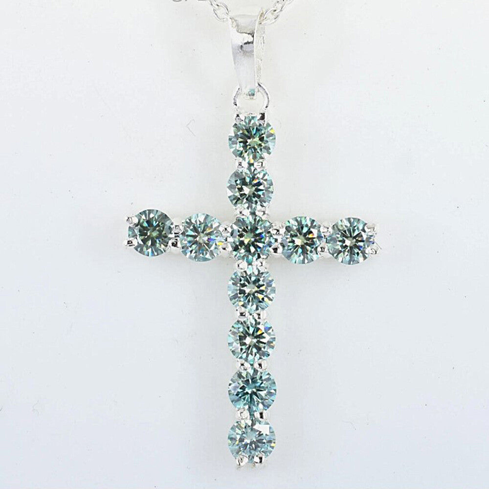 3.00 Ct Certified Round Cut Blue Moissanite Cross Vermeil 925 Silver Pendant - GEMHUB