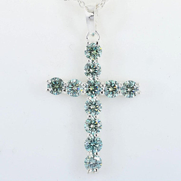 3.00 Ct Certified Round Cut Blue Moissanite Cross Vermeil 925 Silver Pendant - GEMHUB