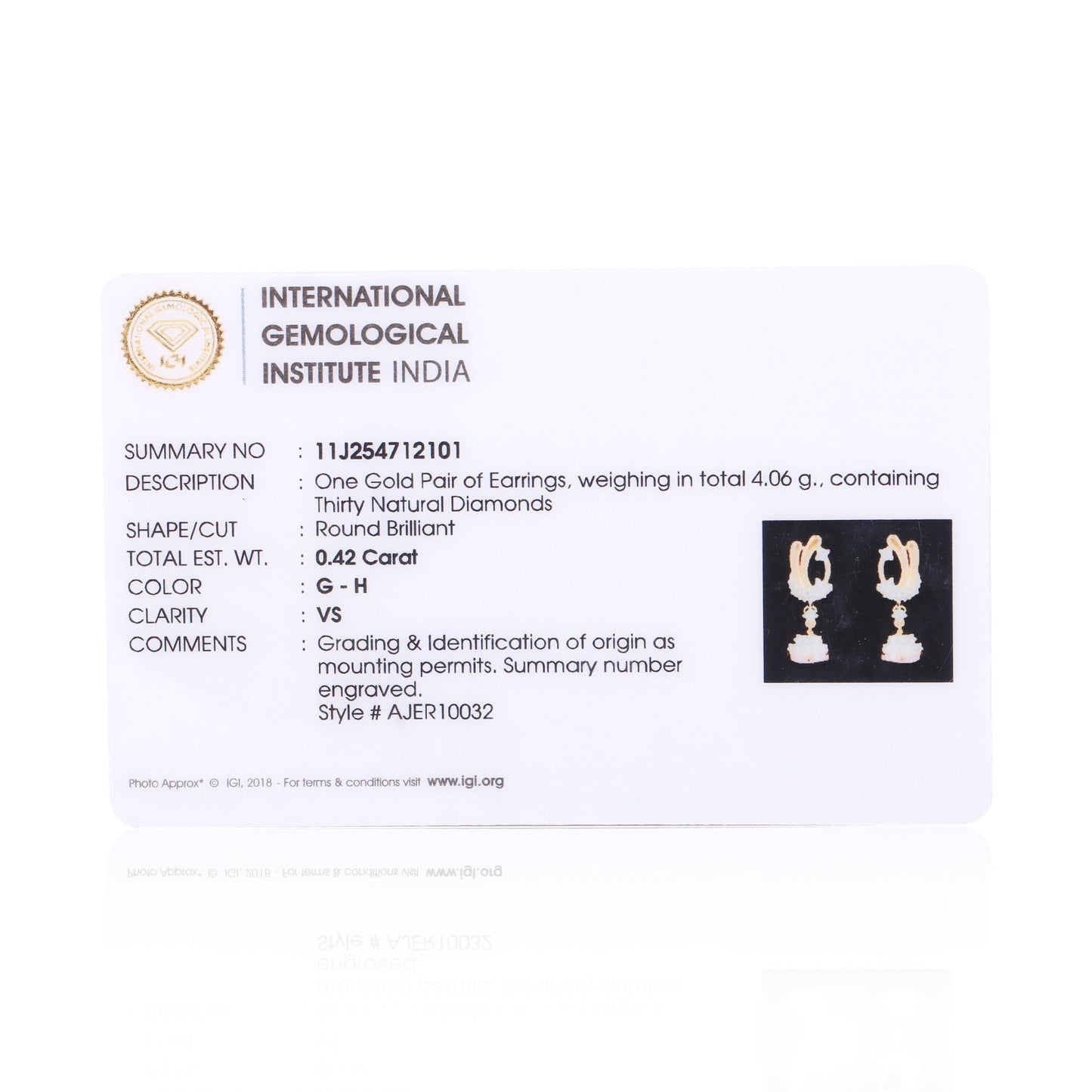 IGI Certified 0.42 Ct Diamond Stud Earrings 18k Gold Tops For Jewellery