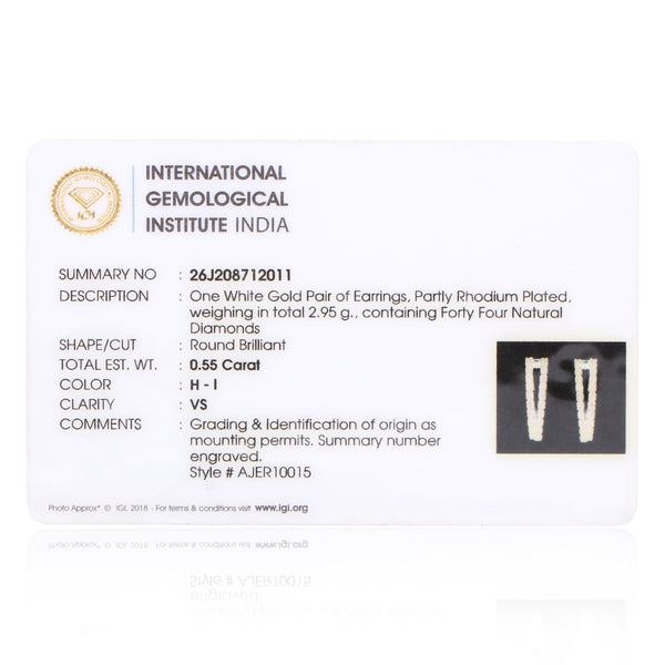 0.55 Ct Round Diamond Stud Earrings IGI Certified H-I VS 18K Gold Jewellery