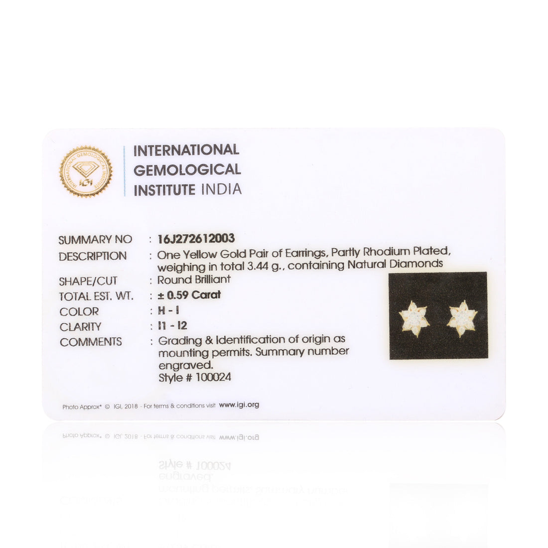 IGI Certified 0.59 Ct Diamond Earrings H-I I1-I2 Round 18K Gold Jewellery