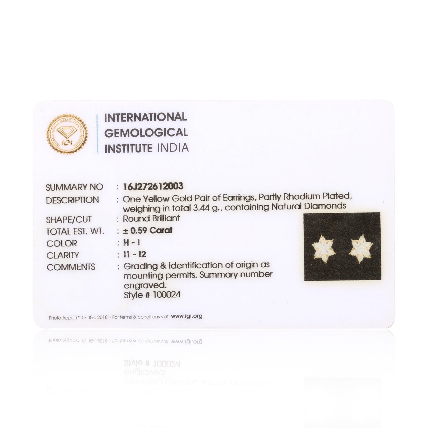 IGI Certified 0.59 Ct Diamond Earrings H-I I1-I2 Round 18K Gold Jewellery