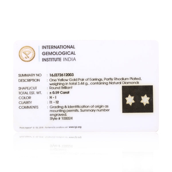 IGI Certified 0.59 Ct Diamond Earrings H-I I1-I2 Round 18K Gold Jewellery