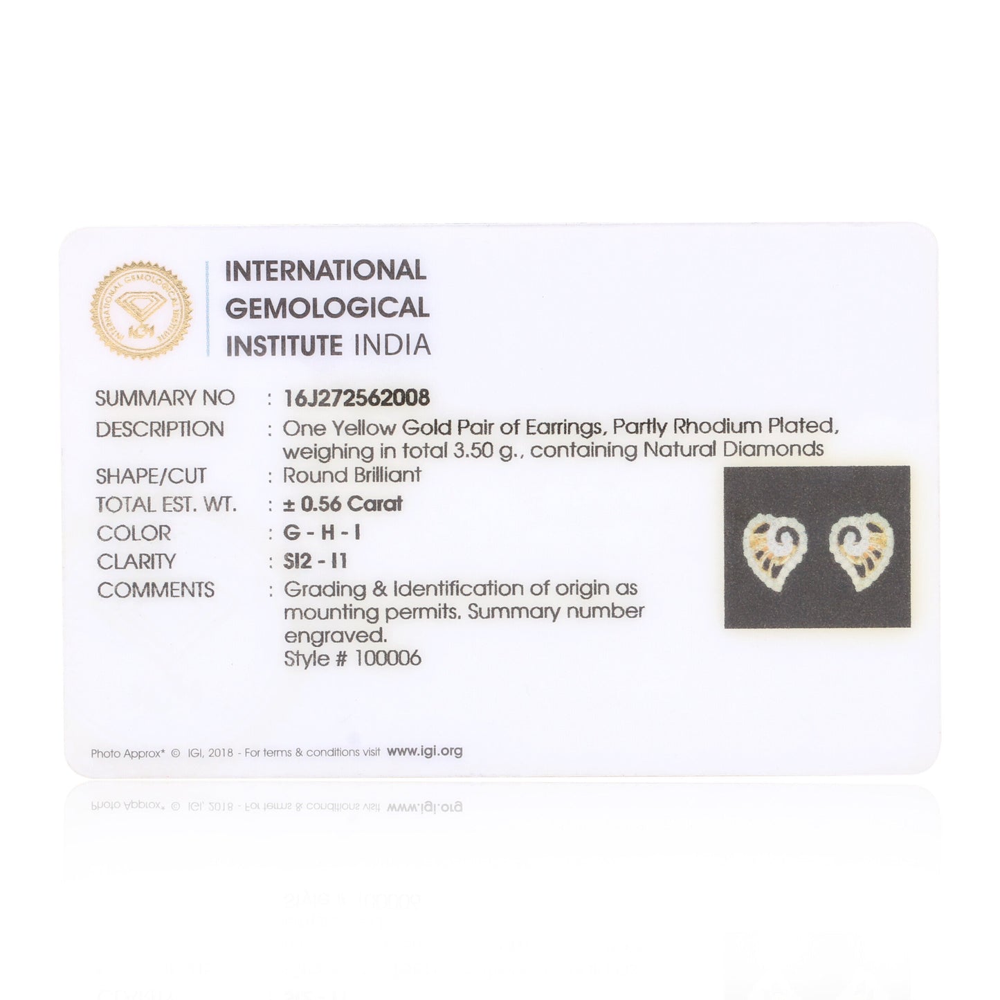 Classic Jewellery 0.56 Ct Round Diamond Earrings IGI Certified SI2-I1 18K Gold