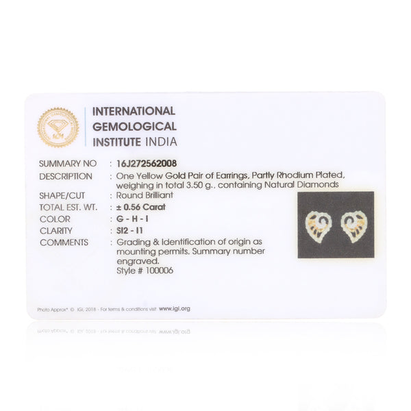 Classic Jewellery 0.56 Ct Round Diamond Earrings IGI Certified SI2-I1 18K Gold