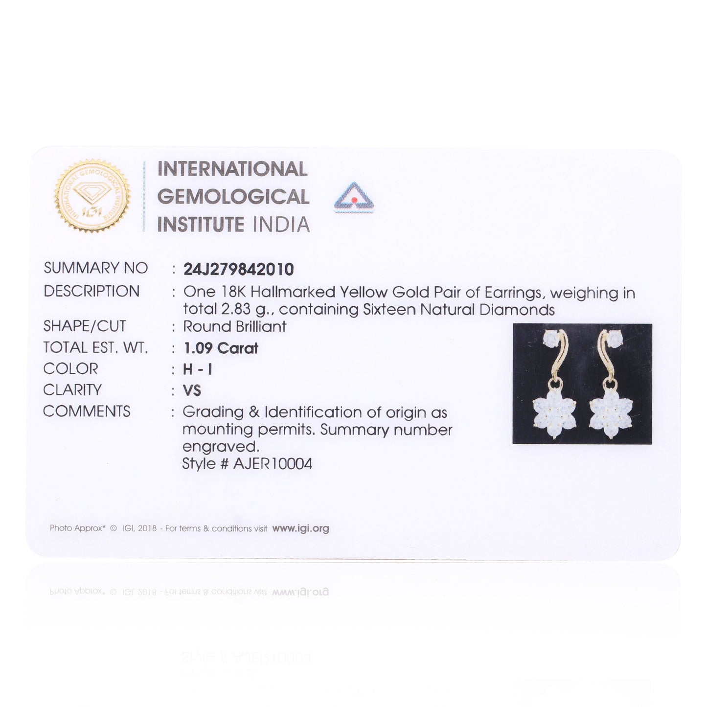 IGI Certified 1.09 Ct Round Diamond Earrings H-I VS Premium Stud Tops