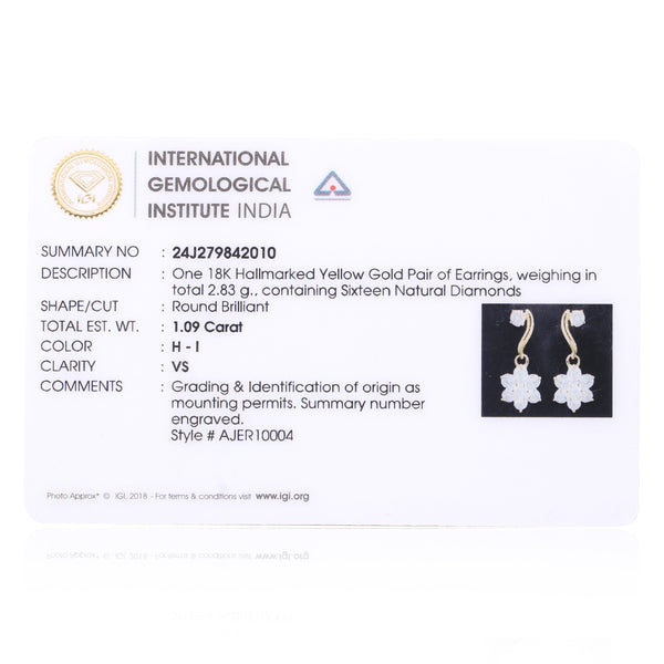IGI Certified 1.09 Ct Round Diamond Earrings H-I VS Premium Stud Tops