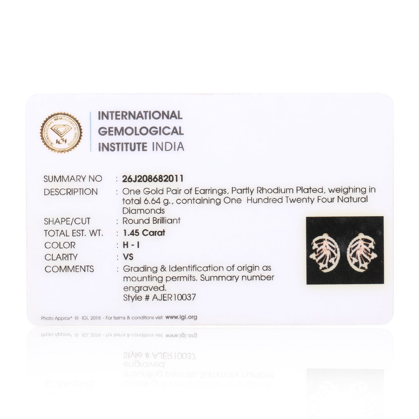 1.45 Ct Natural Diamond Stud Earrings IGI Certified H-I VS Round Brilliant Tops