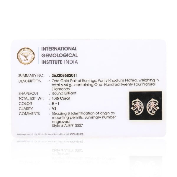 1.45 Ct Natural Diamond Stud Earrings IGI Certified H-I VS Round Brilliant Tops