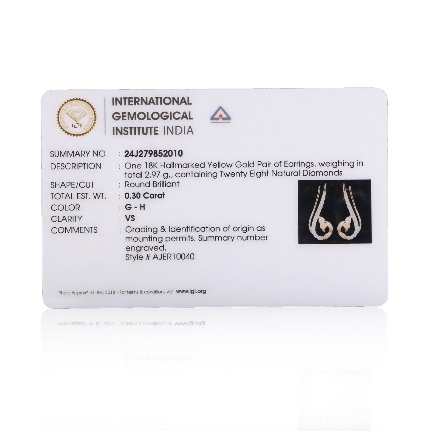 0.47 Ct Natural Diamond Stud Earrings IGI Certified G-H VS Round 18K Gold Tops