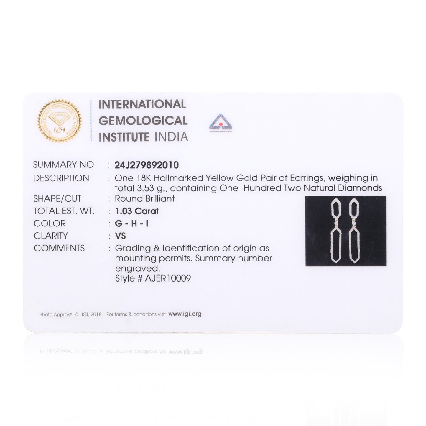 1.03 Ct Round Diamond Stud Earrings IGI Certified G-H-I VS 18K Gold Fine Jewellery