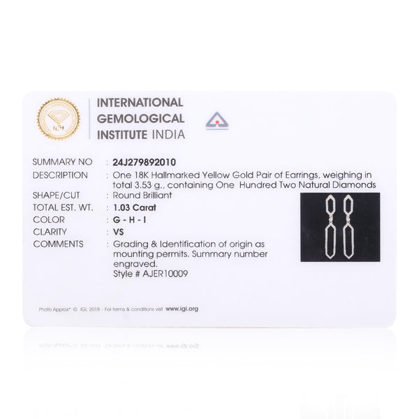 1.03 Ct Round Diamond Stud Earrings IGI Certified G-H-I VS 18K Gold Fine Jewellery