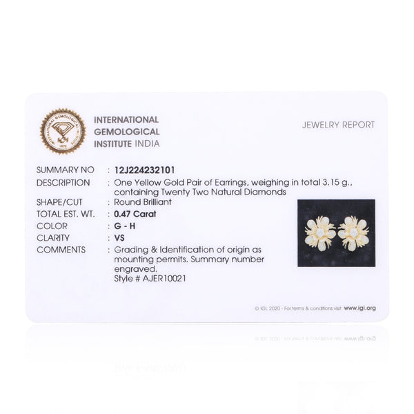 IGI Certified 0.47 Ct Diamond Stud Earrings G-H VS Brilliant Cut Tops