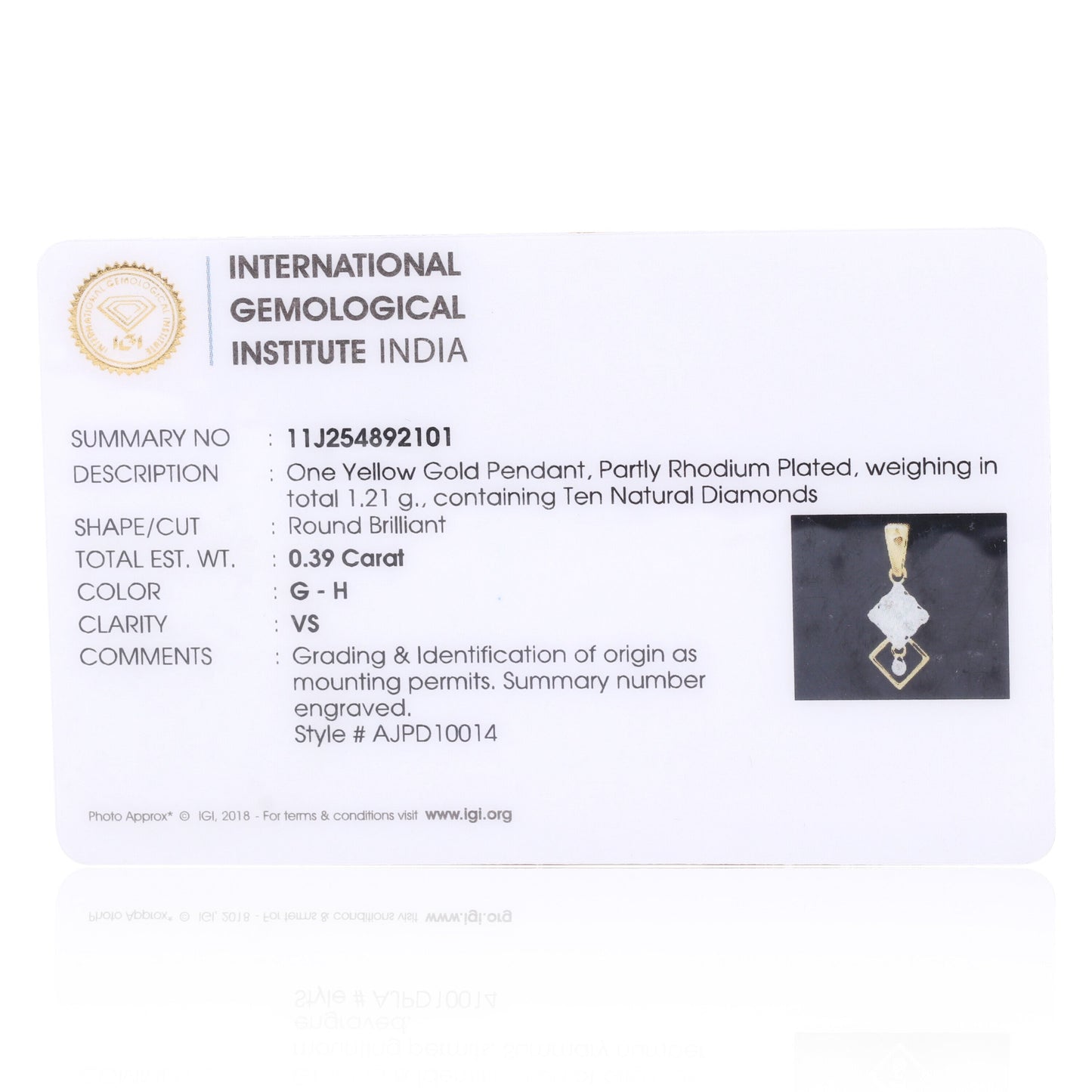 Classic 18K Gold Pendant 0.39 Ct IGI Certified Natural Diamond Jewellry - view 5