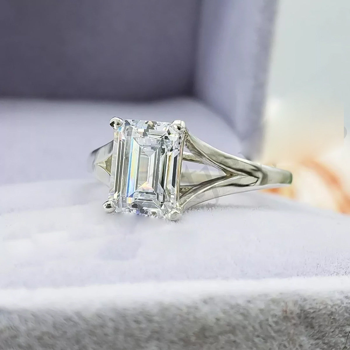 2.90 Ct Certified Emerald Cut Solitaire White Moissanite Ring For Women 18K Gold Plated