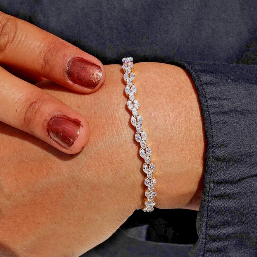 14K Yellow Gold Lab Grown Diamond Charm Tennis Bracelet Marquise Cut Minimalist - GEMHUB