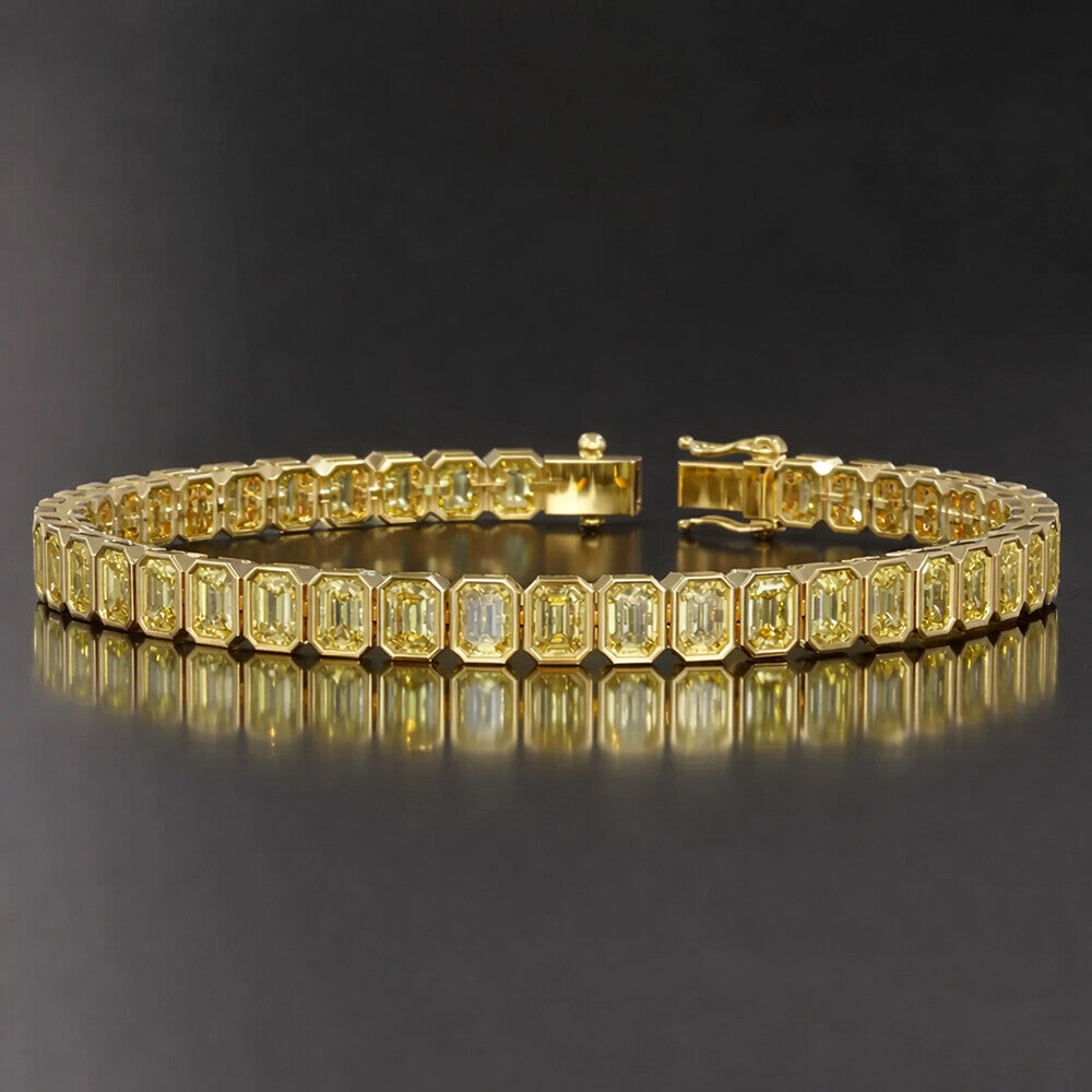 Bezel Set Emerald Fancy Vivid Yellow Lab-Grown Diamond Tennis Bracelet 14k Gold - GEMHUB
