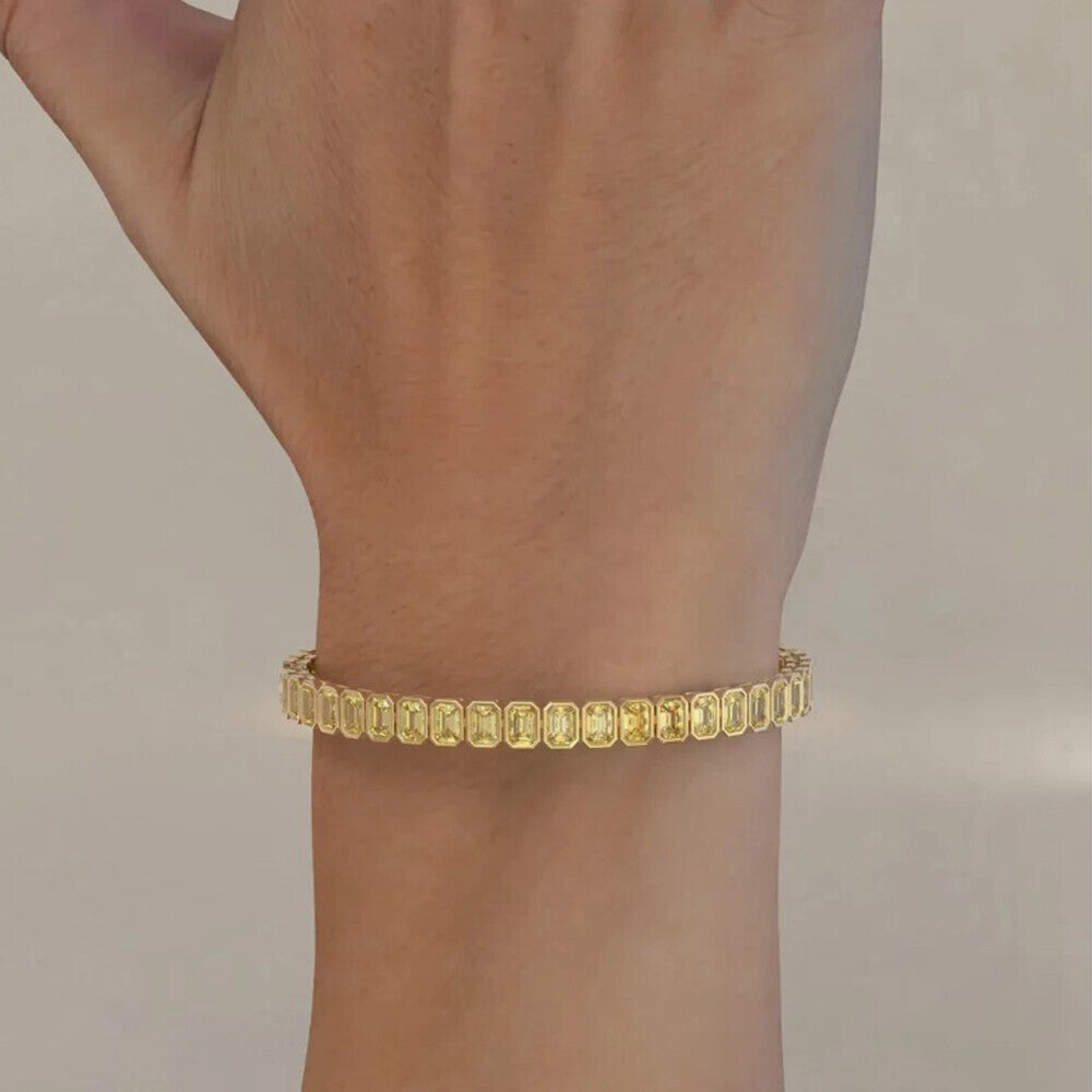 Bezel Set Emerald Fancy Vivid Yellow Lab-Grown Diamond Tennis Bracelet 14k Gold - Image 3 - GEMHUB