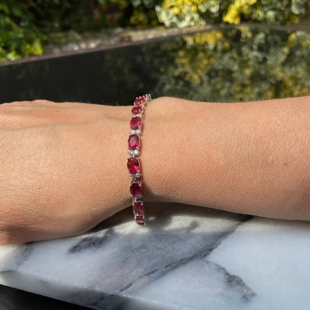 Natural Oval Cut Red Ruby & Round Diamond 14k White Gold Wedding Tennis Bracelet - Image 3 - GEMHUB