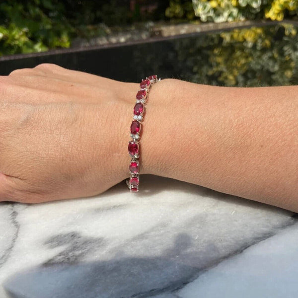 Natural Oval Cut Red Ruby & Round Diamond 14k White Gold Wedding Tennis Bracelet - Image 2 - GEMHUB