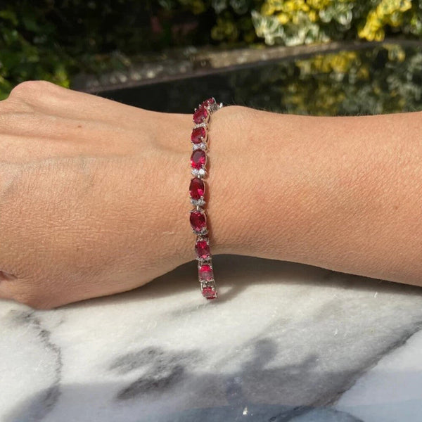 Natural Oval Cut Red Ruby & Round Diamond 14k White Gold Wedding Tennis Bracelet - Image 4 - GEMHUB