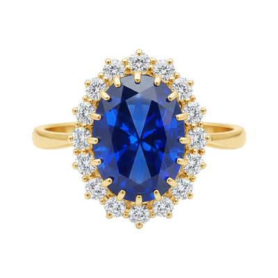 5 Ct Natural Blue Sapphire Oval Cut Ring — 925 Sterling Silver, Yellow Gold Finish
