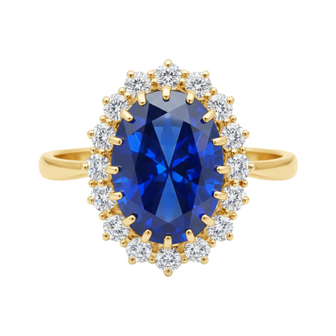 5 Ct Lab-Created Blue Sapphire Oval Cut Ring, 925 Sterling Silver, Yellow Gold Finish - GEMHUB (view 1)