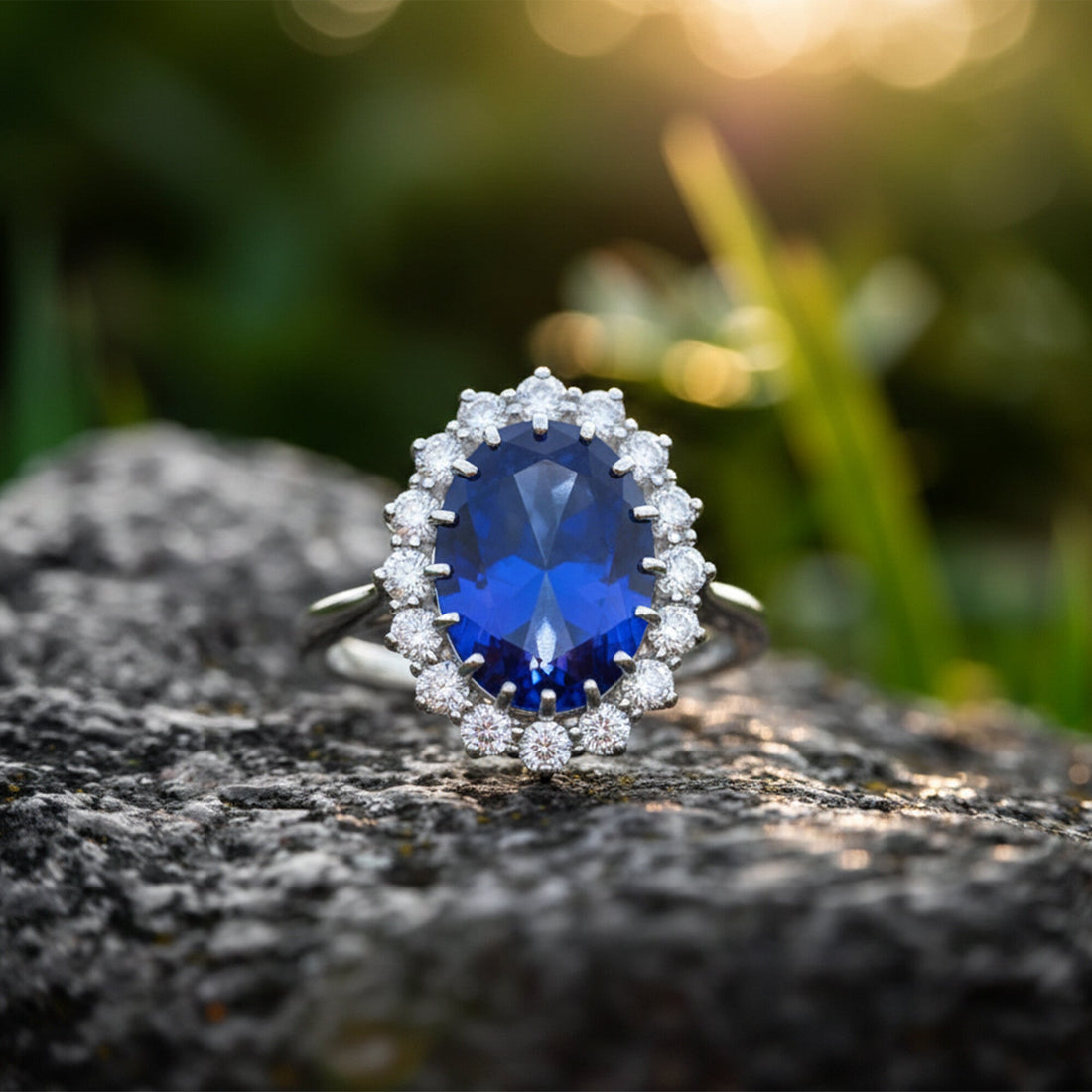 5 Ct Lab-Created Blue Sapphire Oval Cut Ring, 925 Sterling Silver, White Gold Finish - GEMHUB (view 3)
