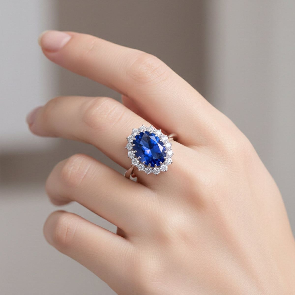 5 Ct Lab-Created Blue Sapphire Oval Cut Ring, 925 Sterling Silver, White Gold Finish - GEMHUB (view 4)