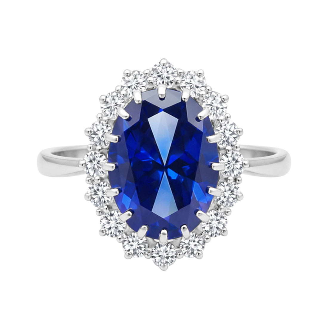 5 Ct Lab-Created Blue Sapphire Oval Cut Ring, 925 Sterling Silver, White Gold Finish - GEMHUB (view 1)