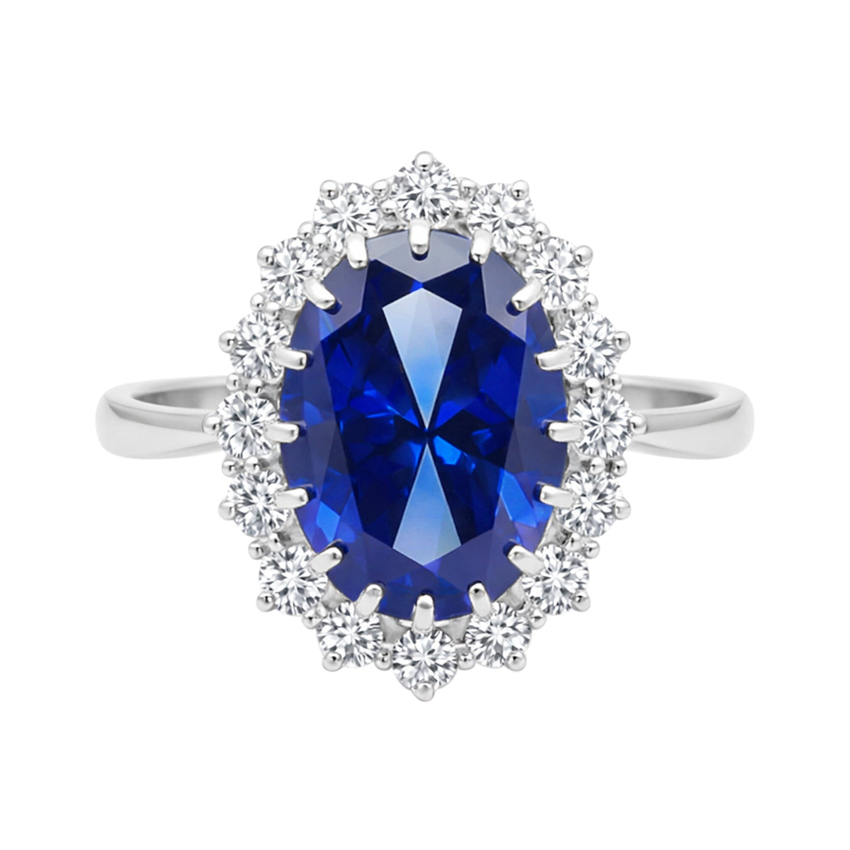 5 Ct Lab-Created Blue Sapphire Oval Cut Ring, 925 Sterling Silver, White Gold Finish - GEMHUB (view 1)