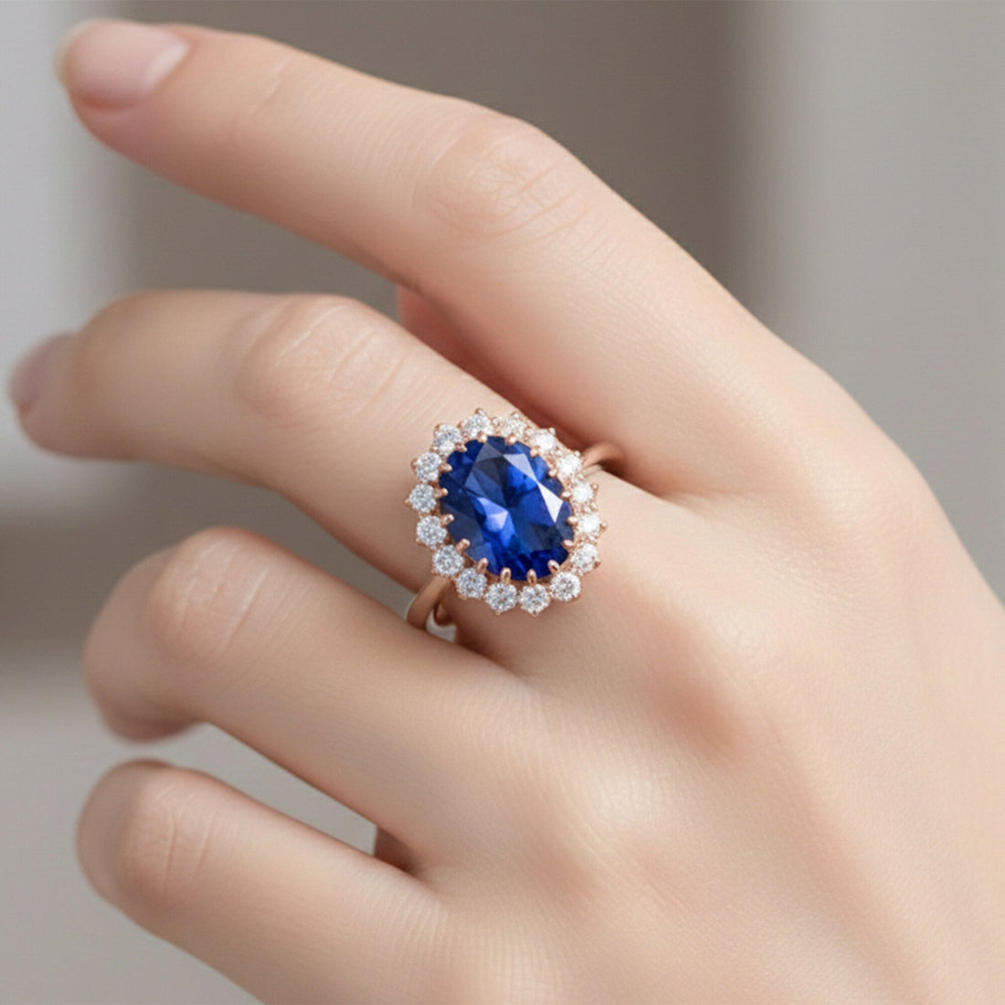 5 Ct Lab-Created Blue Sapphire Oval Cut Ring, 925 Sterling Silver, Rose Gold Finish - GEMHUB (view 4)