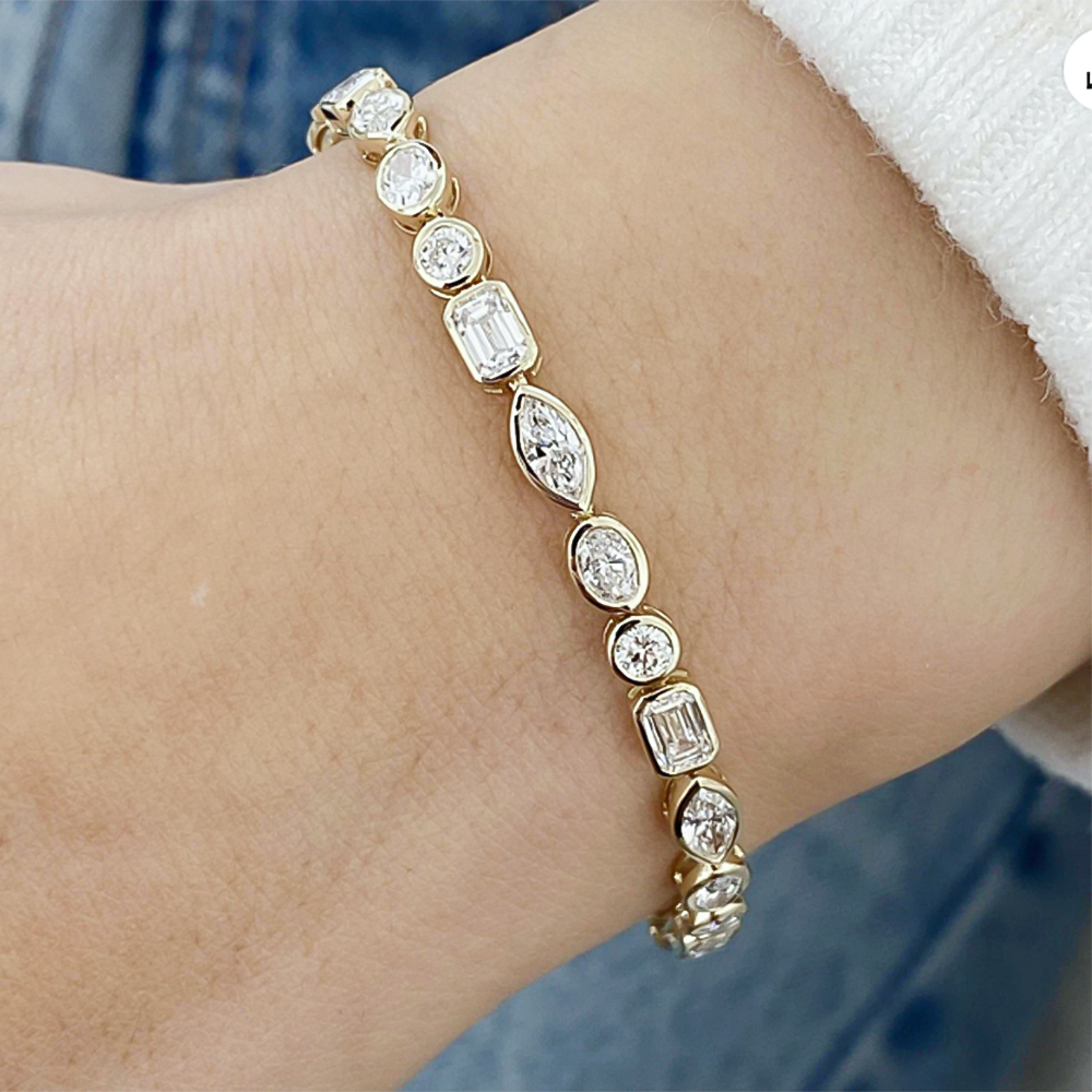 10Ct Multi Shape Lab-Grown Diamond Bezel Wedding Tennis Bracelet 14k Solid Gold - GEMHUB