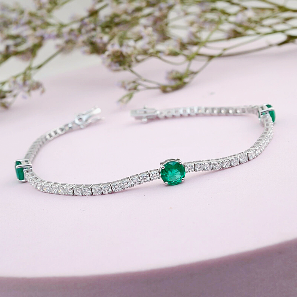 Certified Natural Diamond & Zambian Emerald Her Tennis Bracelet 14k White Gold - GEMHUB
