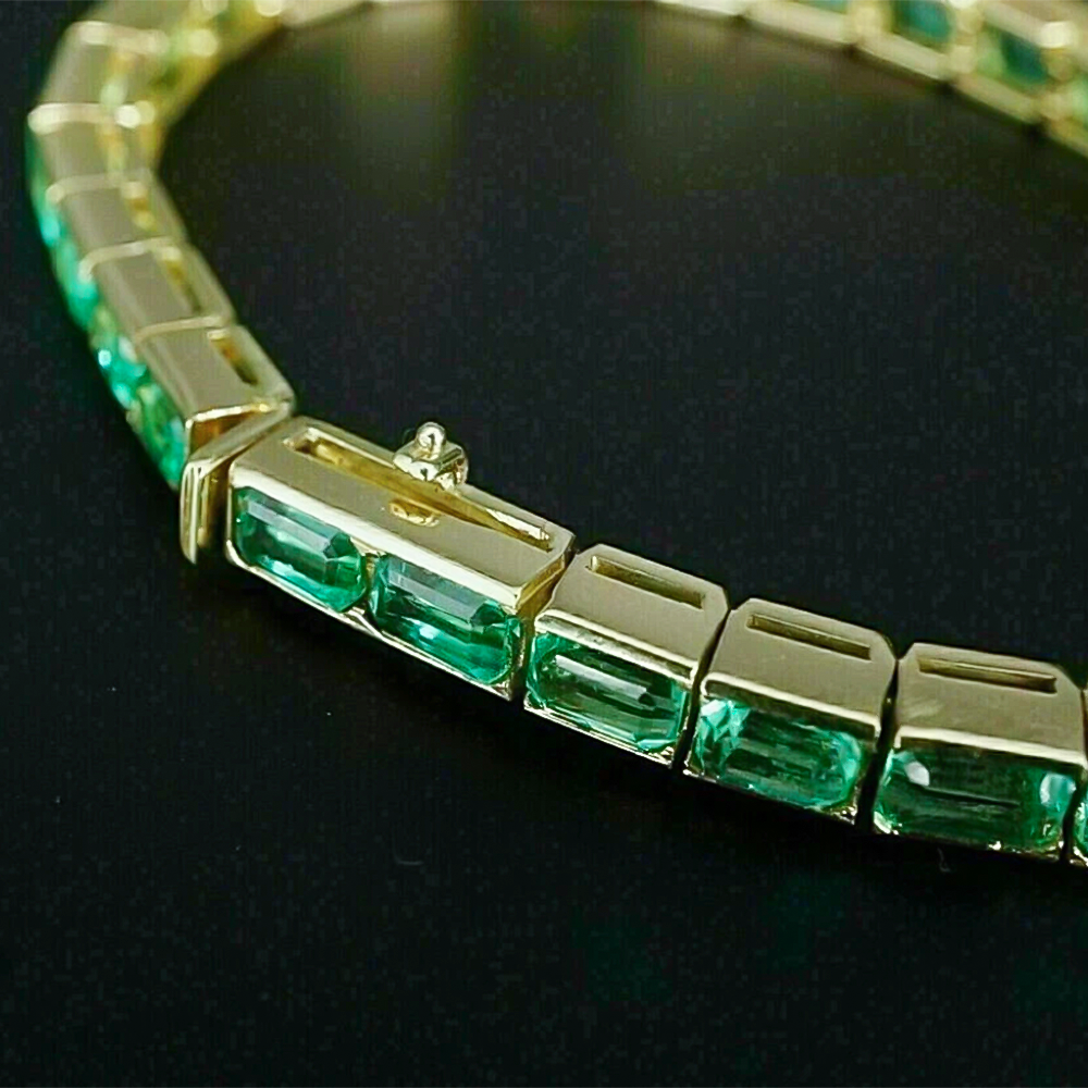 Certified Natural Green Emerald Tennis Bracelet For Men 14k Solid Gold Bezel Set - Image 2 - GEMHUB