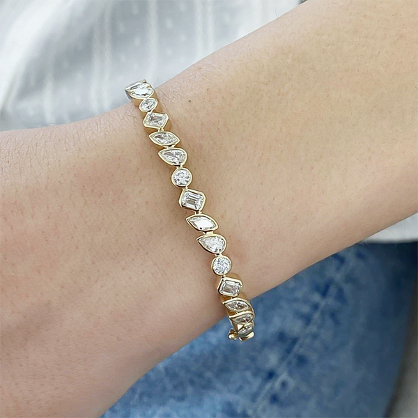 Multi Shapes Lab-Grown/CVD Diamond Bezel Set Tennis Bracelet 14k Yellow Gold - GEMHUB