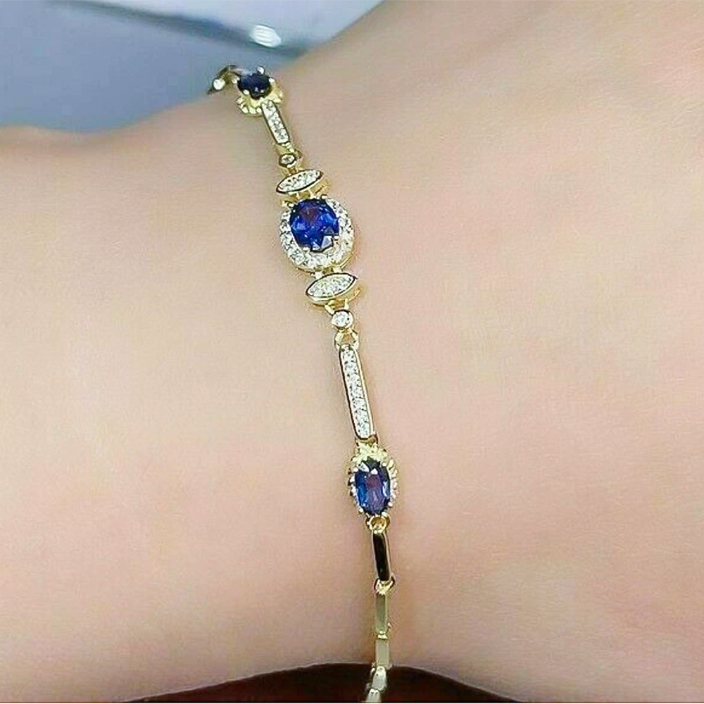 Certified Oval Cut Natural Sapphire & Diamond Chain Tennis Bracelet 14k Gold - Image 2 - GEMHUB