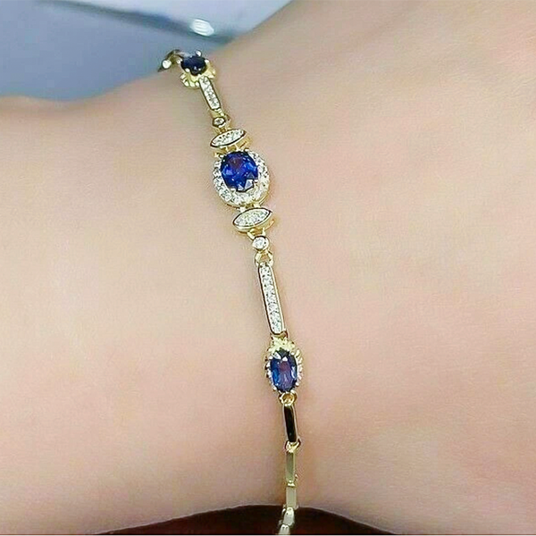 Certified Oval Cut Natural Sapphire & Diamond Chain Tennis Bracelet 14k Gold - Image 2 - GEMHUB