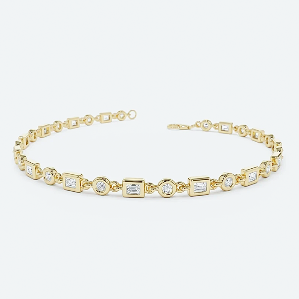 Lab-Grown Diamond Unique Design Bezel Set Women Tennis Bracelet 14K Yellow Gold - GEMHUB