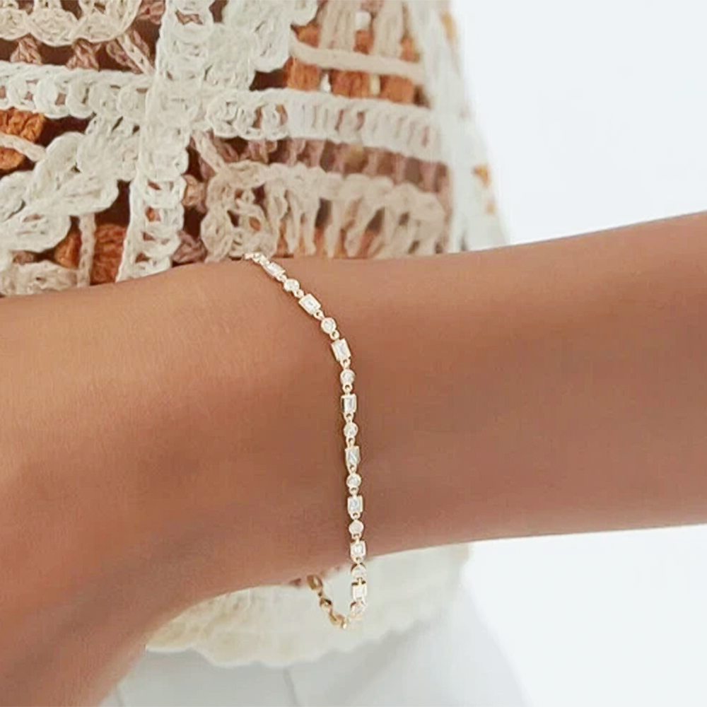 Lab-Grown Diamond Unique Design Bezel Set Women Tennis Bracelet 14K Yellow Gold - Image 2 - GEMHUB