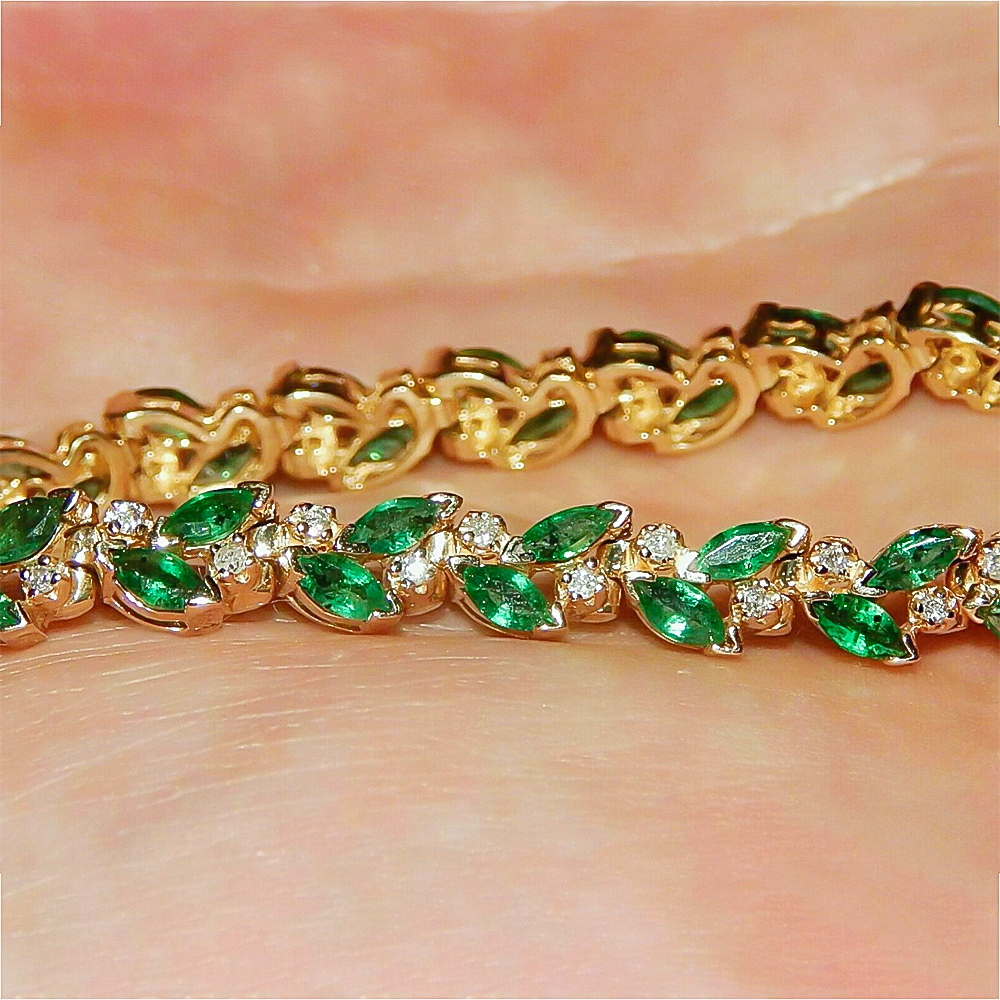 Marquise Cut Natural Emerald & Diamond Flower Tennis Bracelet 14k Yellow Gold - Image 2 - GEMHUB