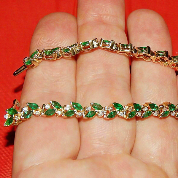 Marquise Cut Natural Emerald & Diamond Flower Tennis Bracelet 14k Yellow Gold - Image 3 - GEMHUB