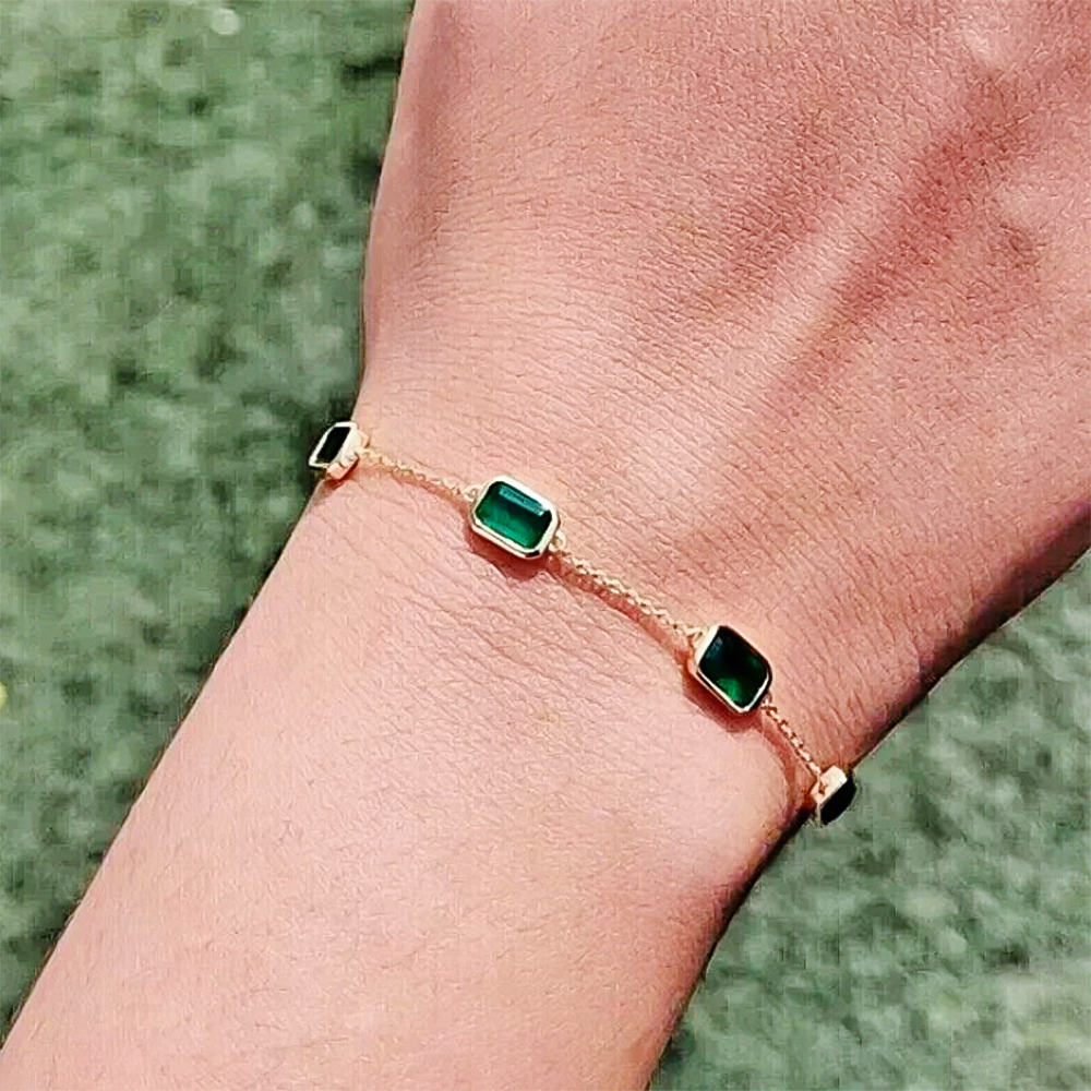 5Ct Certified Natural Green Emerald Bezel Set Tennis Chain Bracelet in 14k Gold - GEMHUB