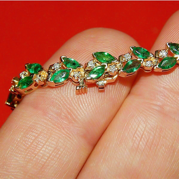 Marquise Cut Natural Emerald & Diamond Flower Tennis Bracelet 14k Yellow Gold - Image 4 - GEMHUB