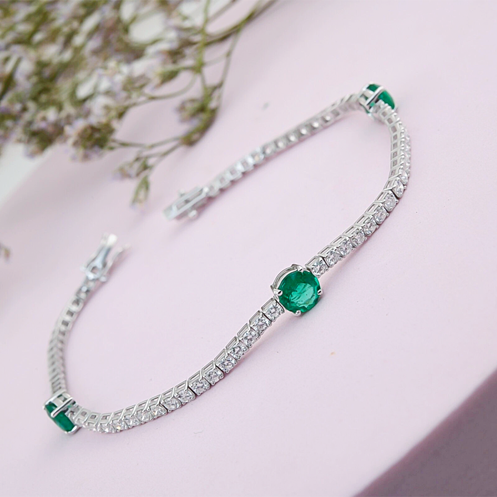 Certified Natural Diamond & Zambian Emerald Her Tennis Bracelet 14k White Gold - Image 4 - GEMHUB