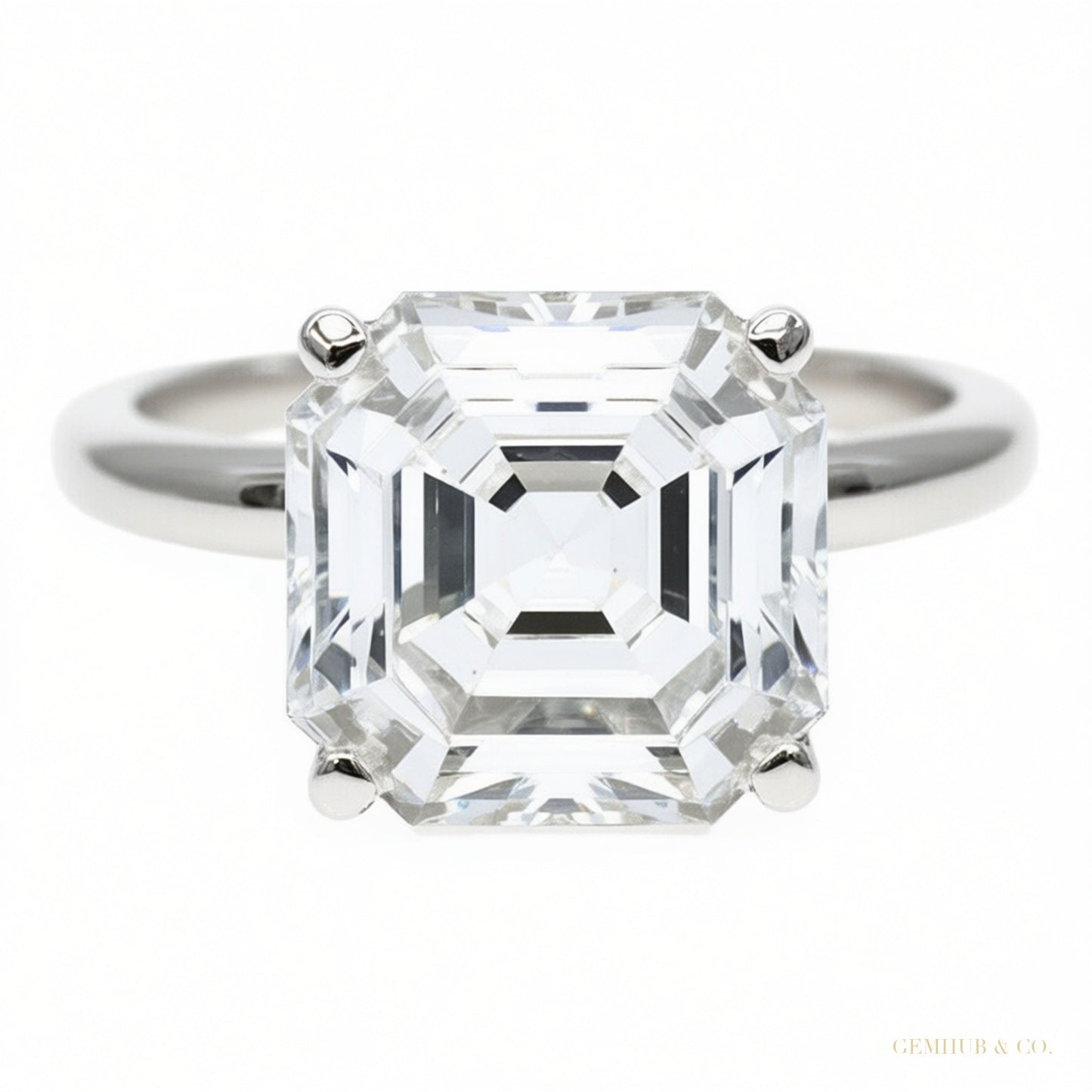 Certified 3.60 ct DEW Assher Cut White Moissanite Solitaire Statement Ring 18K Gold Pla 18K Gold Plated – white background main image